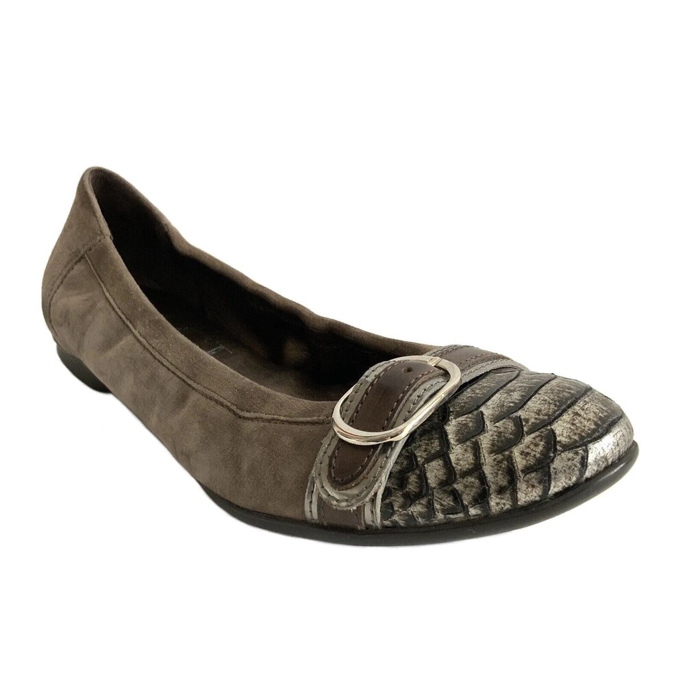 AGL Ballet Flats Size 37 Taupe Pewter Snake Cap-toe Buckle Front Shoe